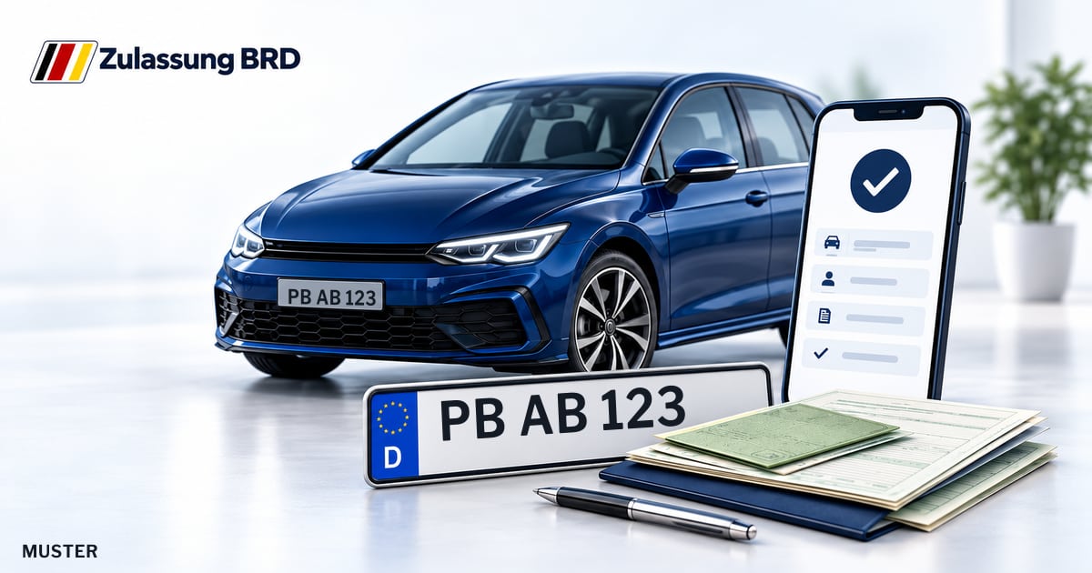 Online Fahrzeugzulassung in Bad Wünnenberg: Musterkennzeichen PB AB 123, Auto und Fahrzeugpapiere und Smartphone. Illustration mit Logo von Zulassung BRD.
